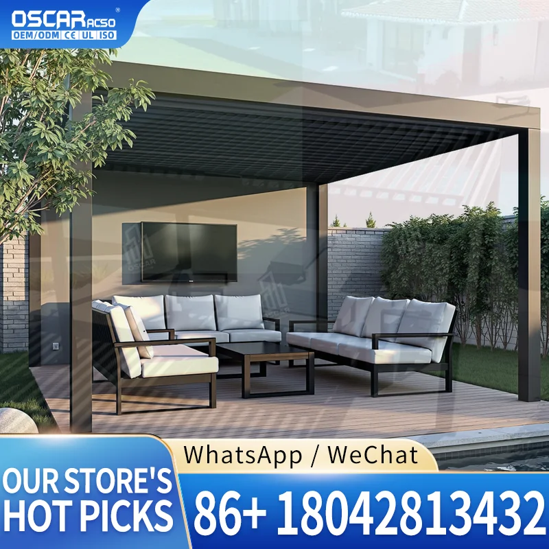 Pérgola Bioclimática Moderna de Aluminio con Rejillas, 3x3m, 3x4m, 3x5m, para Jardín, Patio o Terraza
