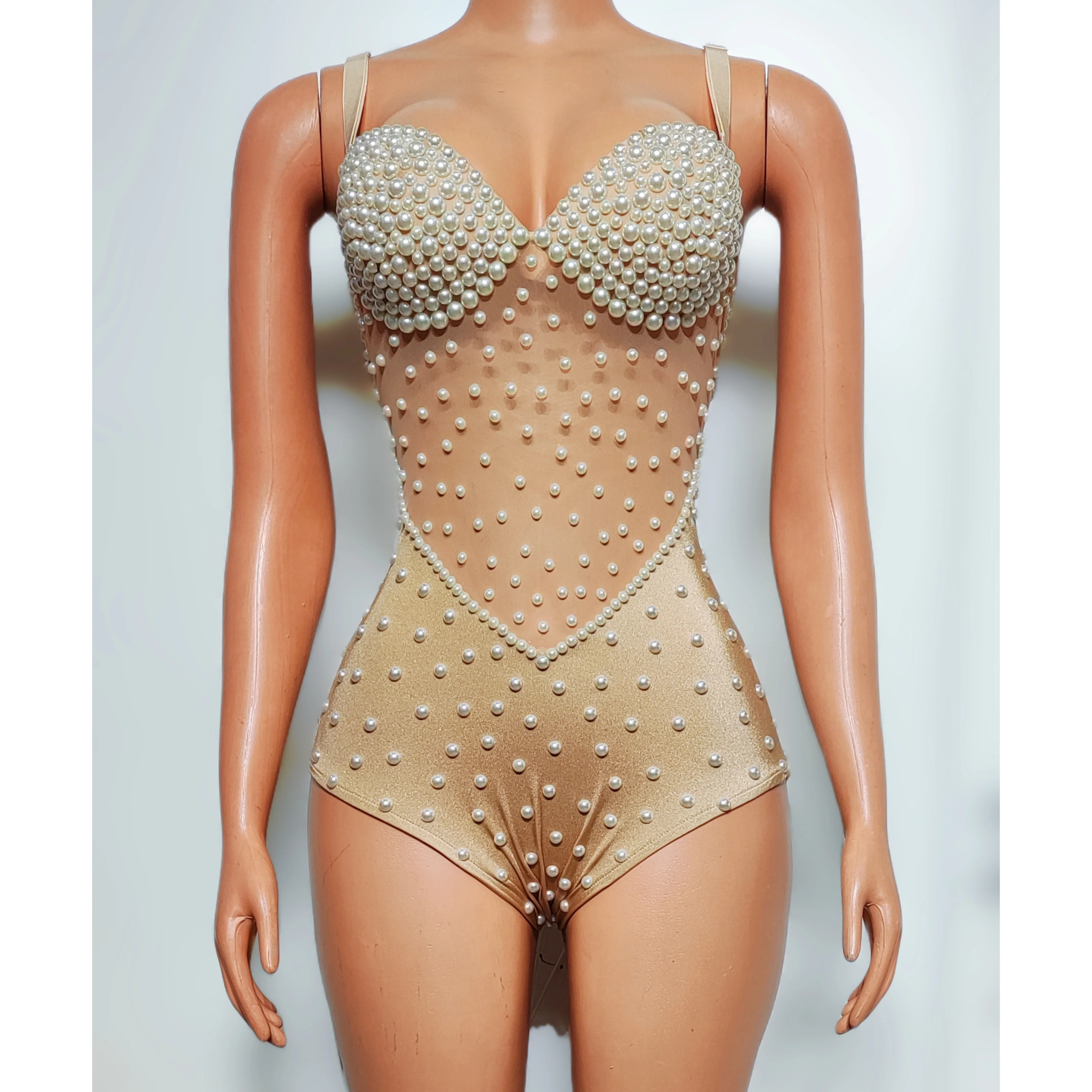 

Luxurious Pear Beaded Leotard Women Sexy Performance Bodysuit Dance Costume Nightclub Singer Dancer Club Rave Show Stage Wear