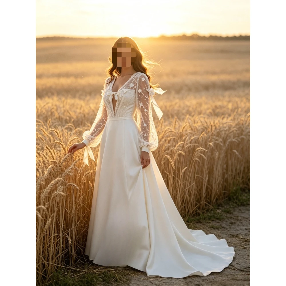 Customized Romantic Long Sleeved Deep V-neck Lace Corset Satin A-line Wedding Dress 2026 Elegant Trailing Ruffled Bridal Gown