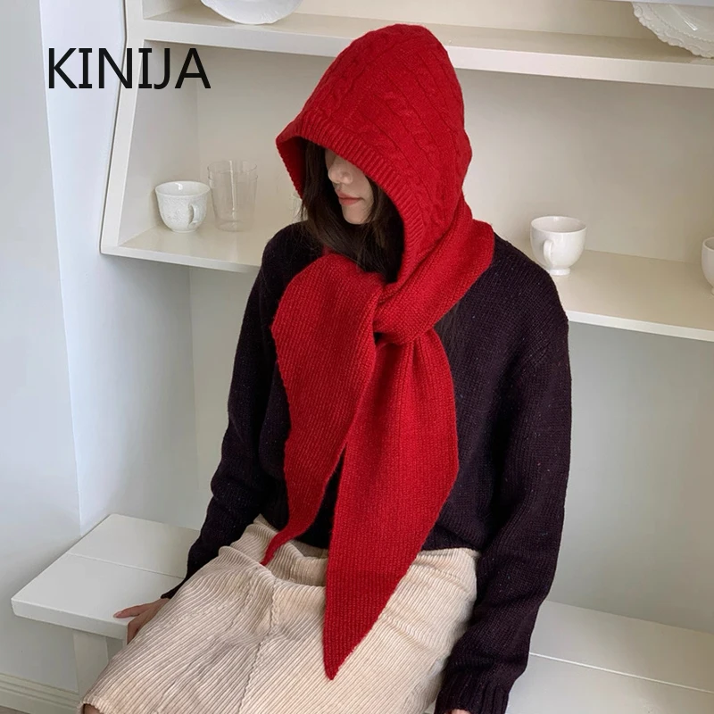 Warm Wool Blend Beanie Hat Scarf One-piece Women Winter Warm Cold-proof Ear Protection Balaclava Cap Knitted Hat Korean Sle