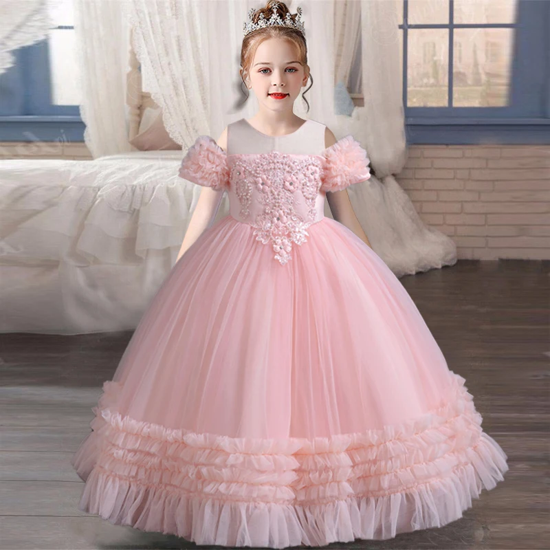 New 4-12 Years Old Children Dress Girls Princess Dress Beaded Satin Bow Party Costume Elegant Girls High-end Venue Dress