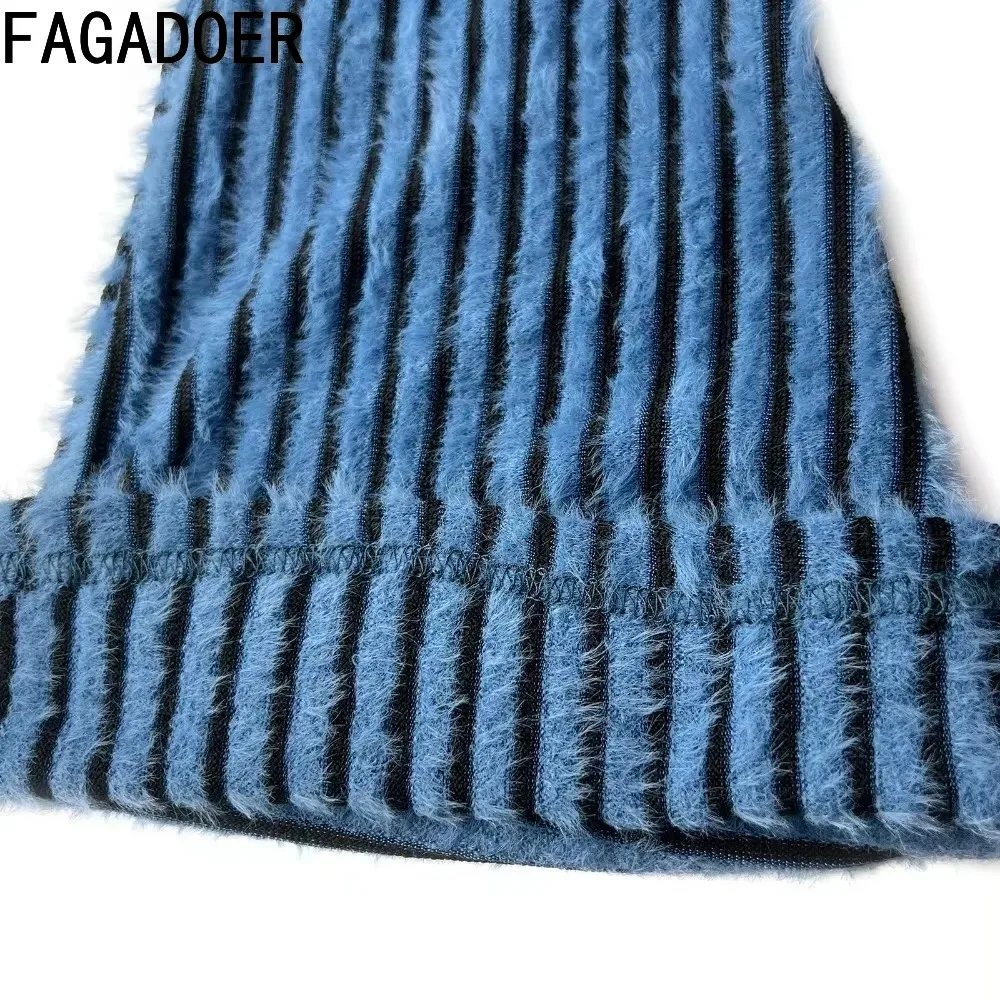 FAGADOER Stripe Plush Stacked Pants Women Casual Solid Color Fur Patchwork Flare Trousers Y2K Female Streetwear Bottoms 2025 New