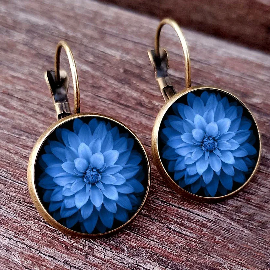 Purple and Blue Flower Women\'s Earrings Colorful French Glass Cabochon Earhooks Fashionable Girl Earrings New Year Gift for Girl