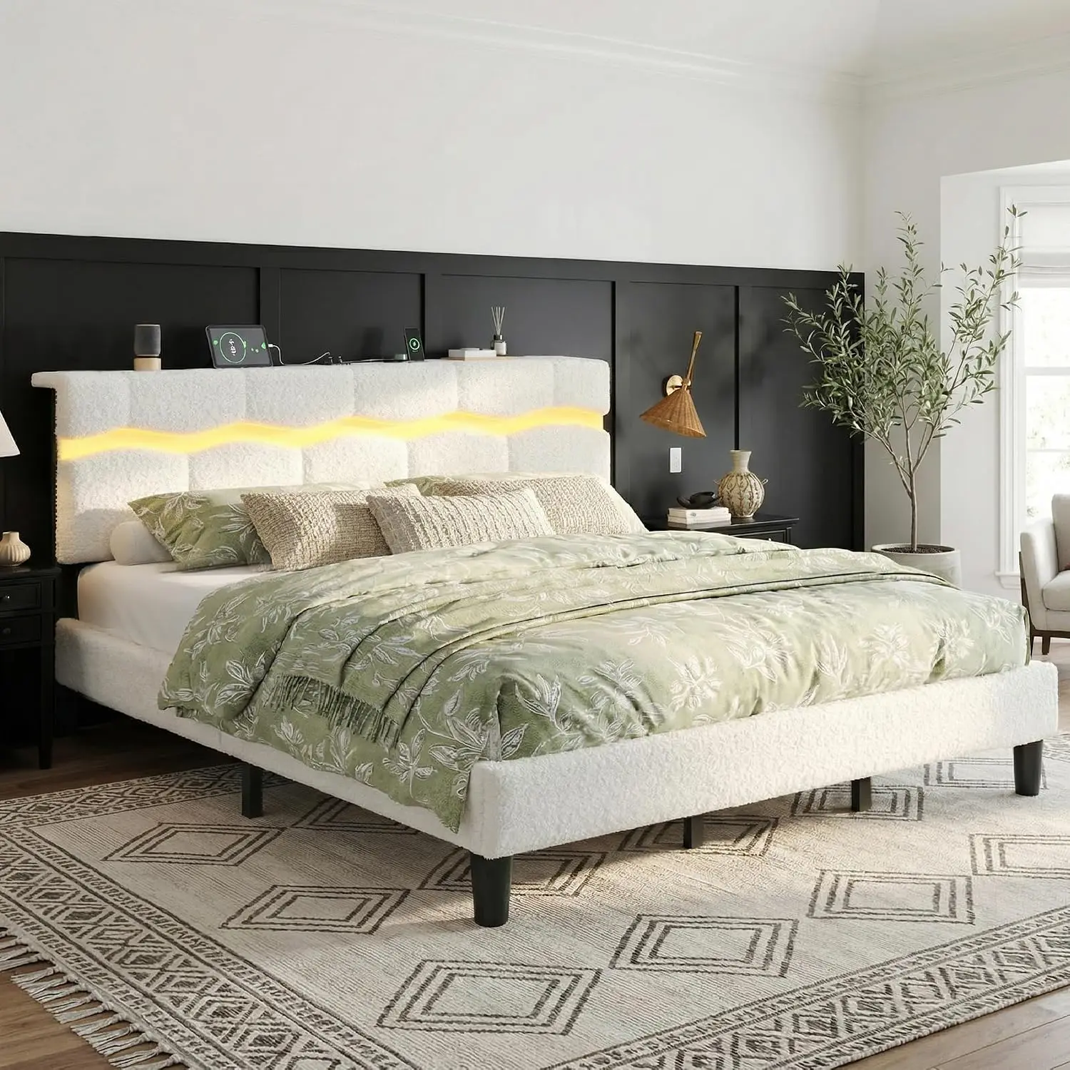 Bed Frame LED Charging Station Storage Headboard 7.9