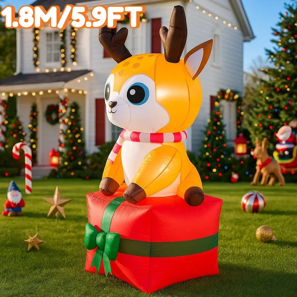 6フィートのクリスマスデコレーション、プレゼントボックスに立つ膨らませるおもちゃのトナカイ、キュートな動物の家の庭のクリスマスLEDライトデコレーション、クリスマスおもちゃ