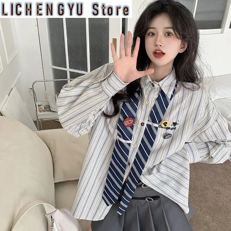 Striped Shirt Women Vintage Patchwork Preppy Style Loose Student Tie Shirt Girlfriend Baggy Long Sleeve Chic Blouses Top