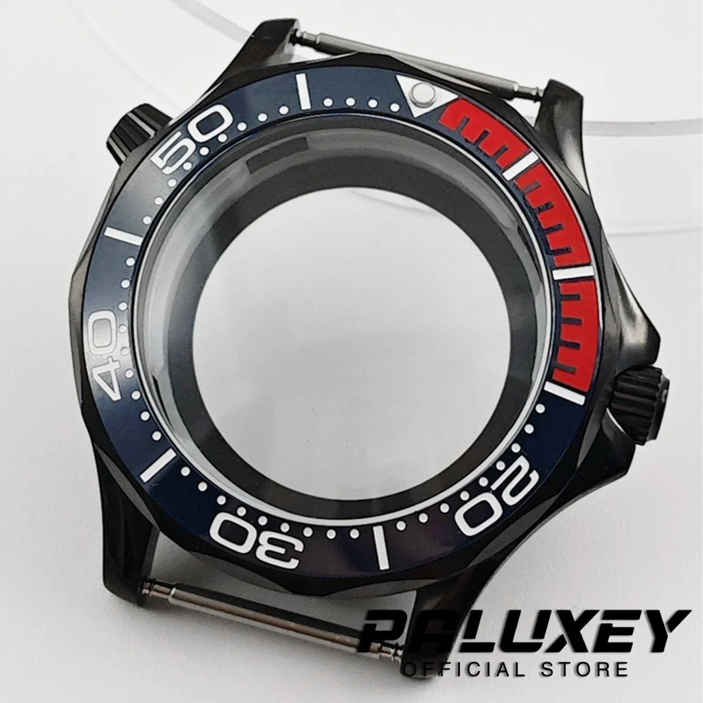 Seamaster 300/600 PVD Black NH35 41mm Watch Case Parts for NH34 NH35 NH36 NH38 NH70 Movement 10ATM Water Resistant Double Crown