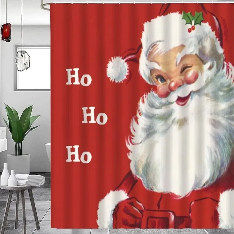 Red Background Wink Santa Claus Holly Christmas Bathroom Shower Curtain No Drilling with 12 Hooks Holiday Decor