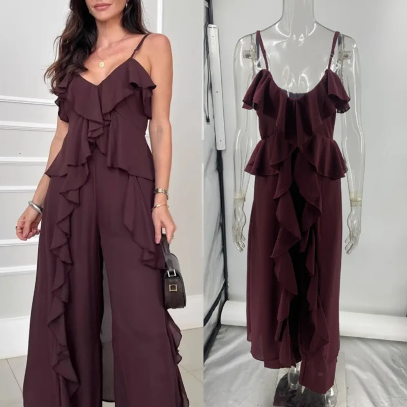 

Chiffon Fungus Edge Jumpsuit Women 2025 Summer Solid Color Black V-neck Suspender Ruffle Edge Straight Leg Pants 2 Piece Set New