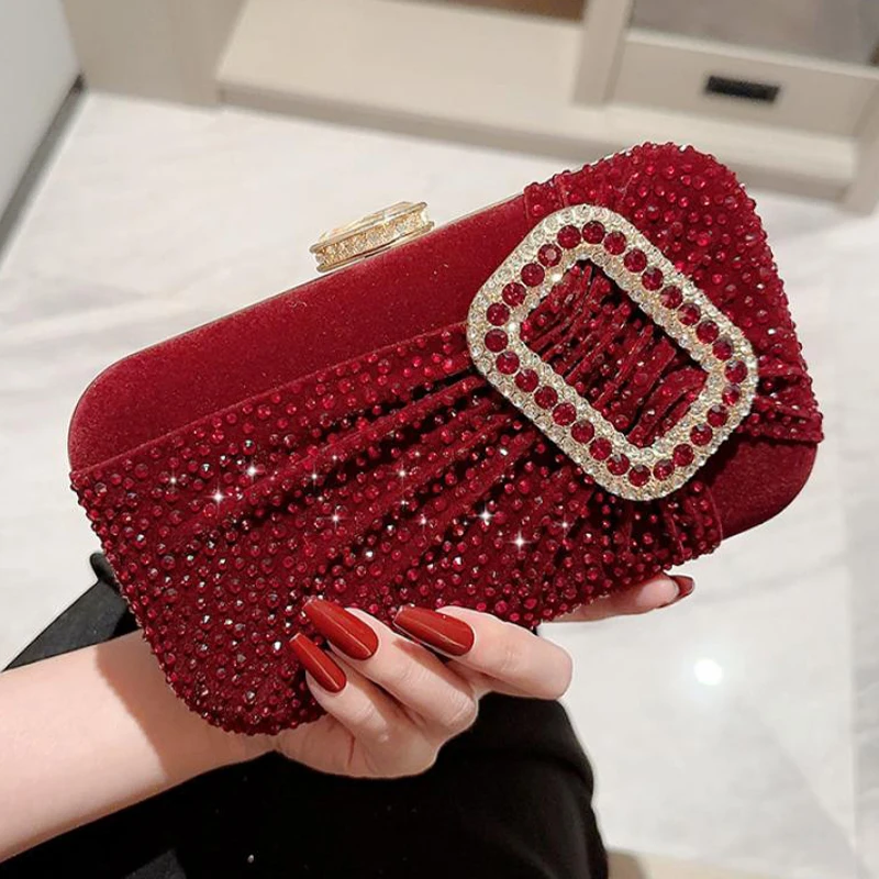 Elegant Soft Velour Women Evening Handbag Glitter Rhinestone Beads Party Cocktail Messenger Purse Metal Chain Crossbody Lady Bag