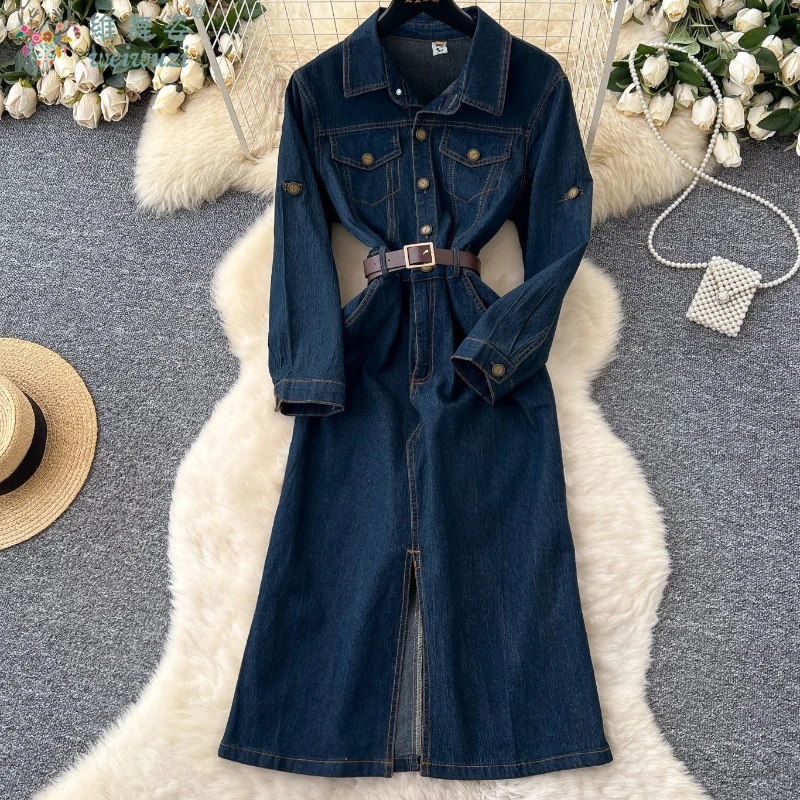 Autumn New Retro Style Quality Women's Split Denim Dress with Belt Fashion Long Jean Skirt Lady Elegant Vacation Cowboy Outfit