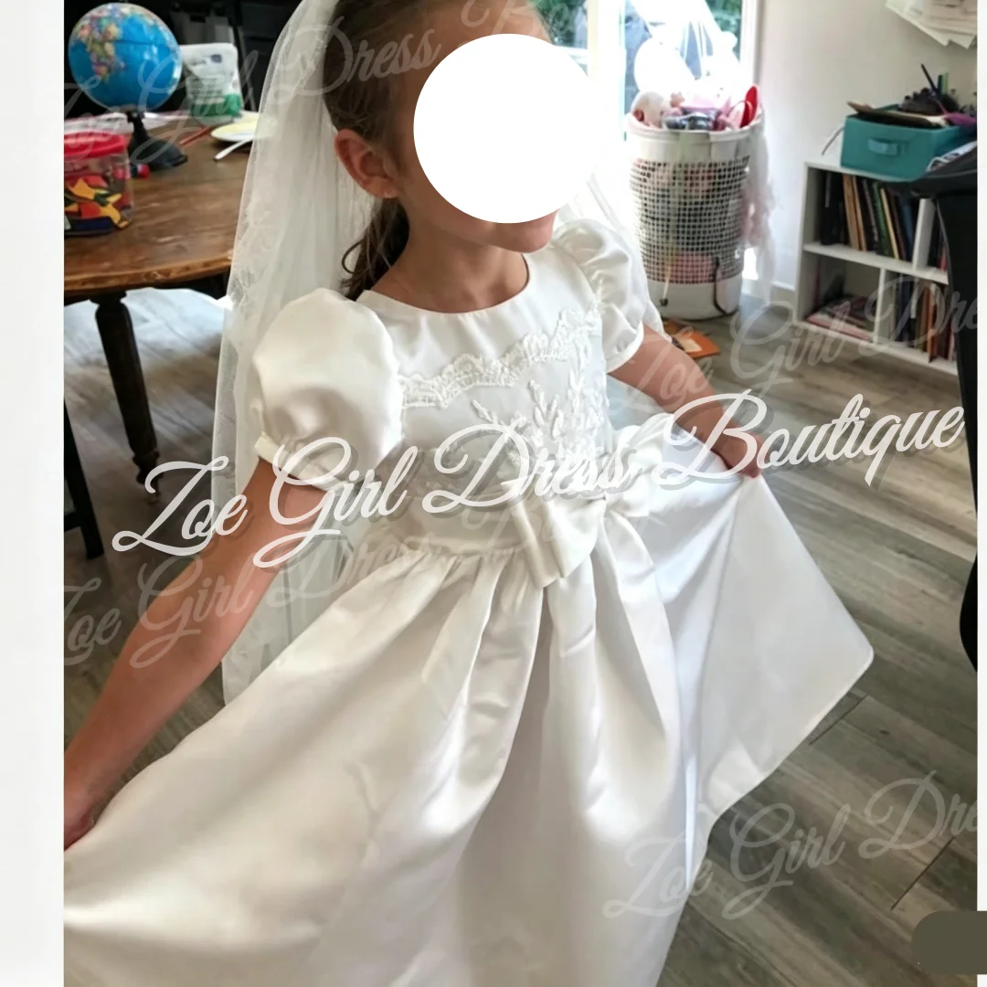 robe-de-demoiselle-d'honneur-en-satin-blanc-brodee-manches-courtes-bouffantes-nœud-pour-mariage-bapteme-anniversaire-premiere-communion-personnalisable