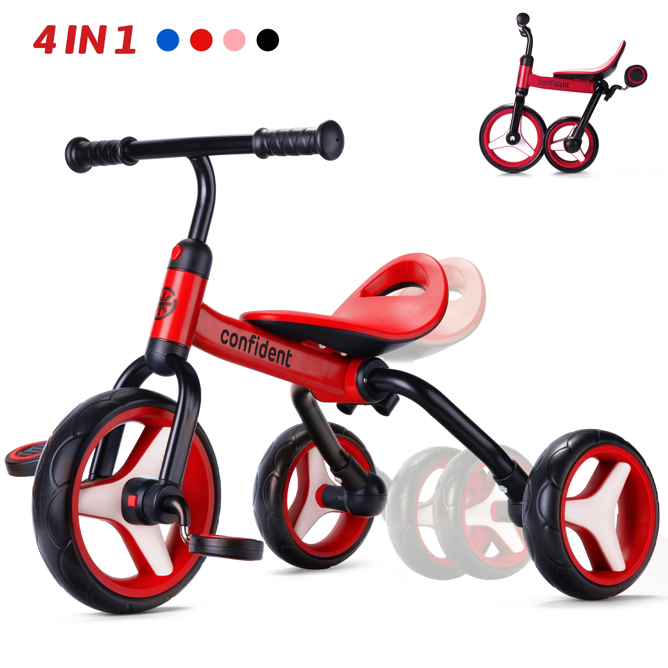 Triciclo per bambini 4 in 1 per regalo per ragazzi e ragazze di 2-5 anni, bici da equilibrio pieghevole per bambini con pedali rimovibili bici da allenamento per l'equilibrio