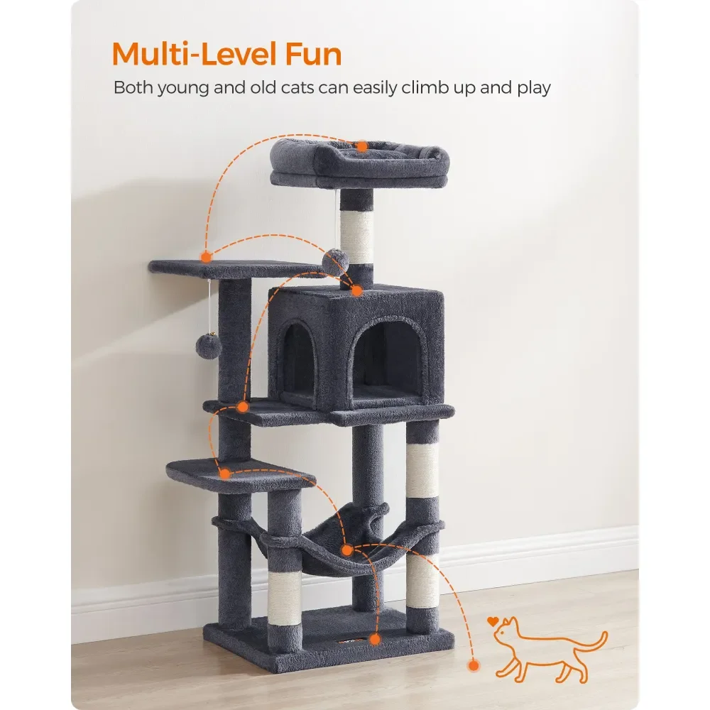 

Cat Tree, 44.1Inch Cat Tower For Indoor Cats, MultiLevel Cat Condo With 4 ching Posts, 2 Perches, Hammock, Cave
