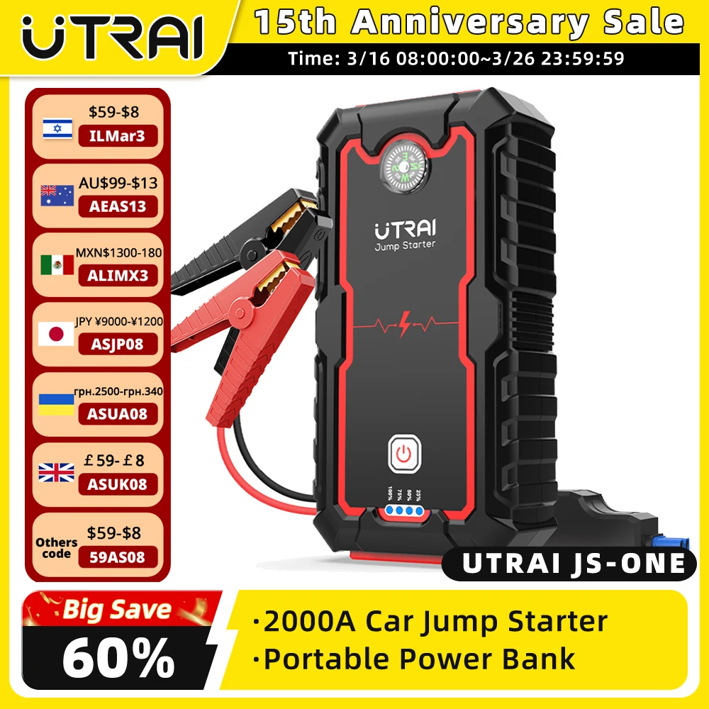 UTRAI Jump Starter Power Bank 2000A /1000A Portable Car Battery Starter For 12V Car Emergency Booster Starter Starting Device