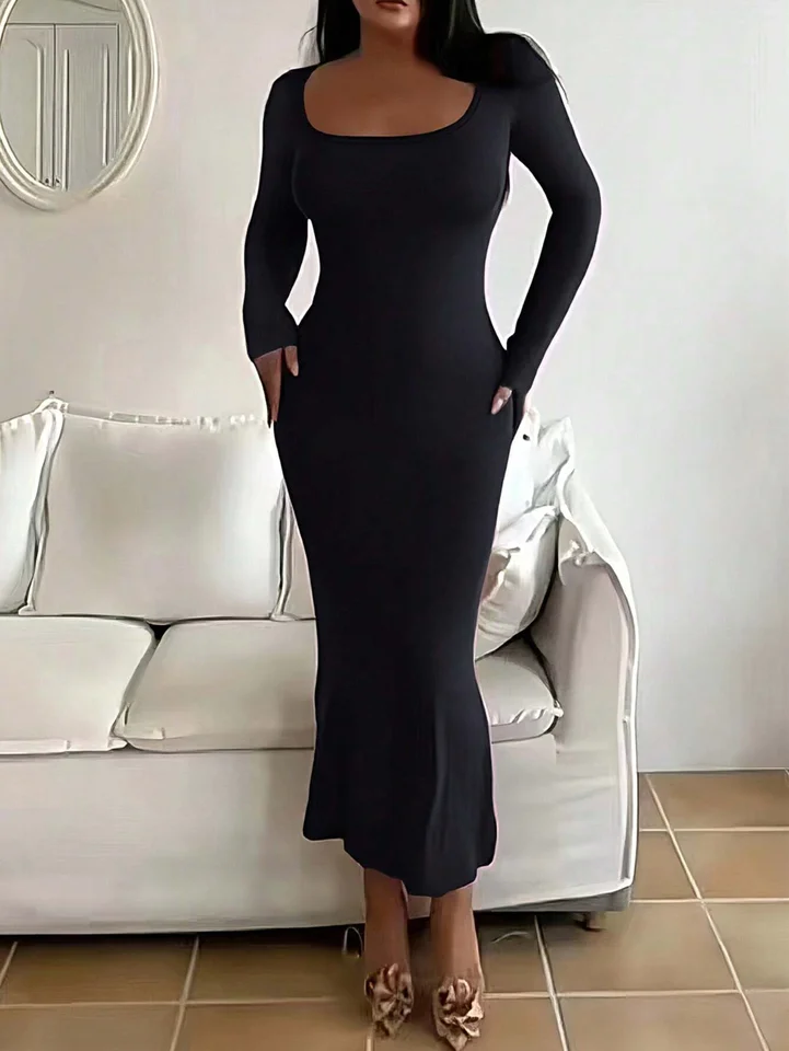 Vestido de mujer de manga larga, ajustado, liso, elegante y minimalista, escote redondo, casual, para mujer 3