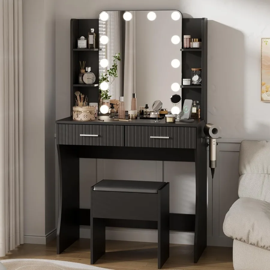 Vanity Desk with LED Lighted Mirror Makeup Vanity with 3 Adjustable Lights 2 Large Drawers and 4 Open Shelves Black Vanity with