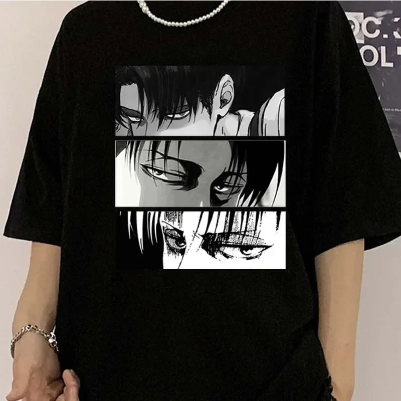 Male and Female Japanese Anime Attack On Titan Levi Ackerman Eye Punk Tops Summer Harajuku Gothic Short Comic Kids T-shirt