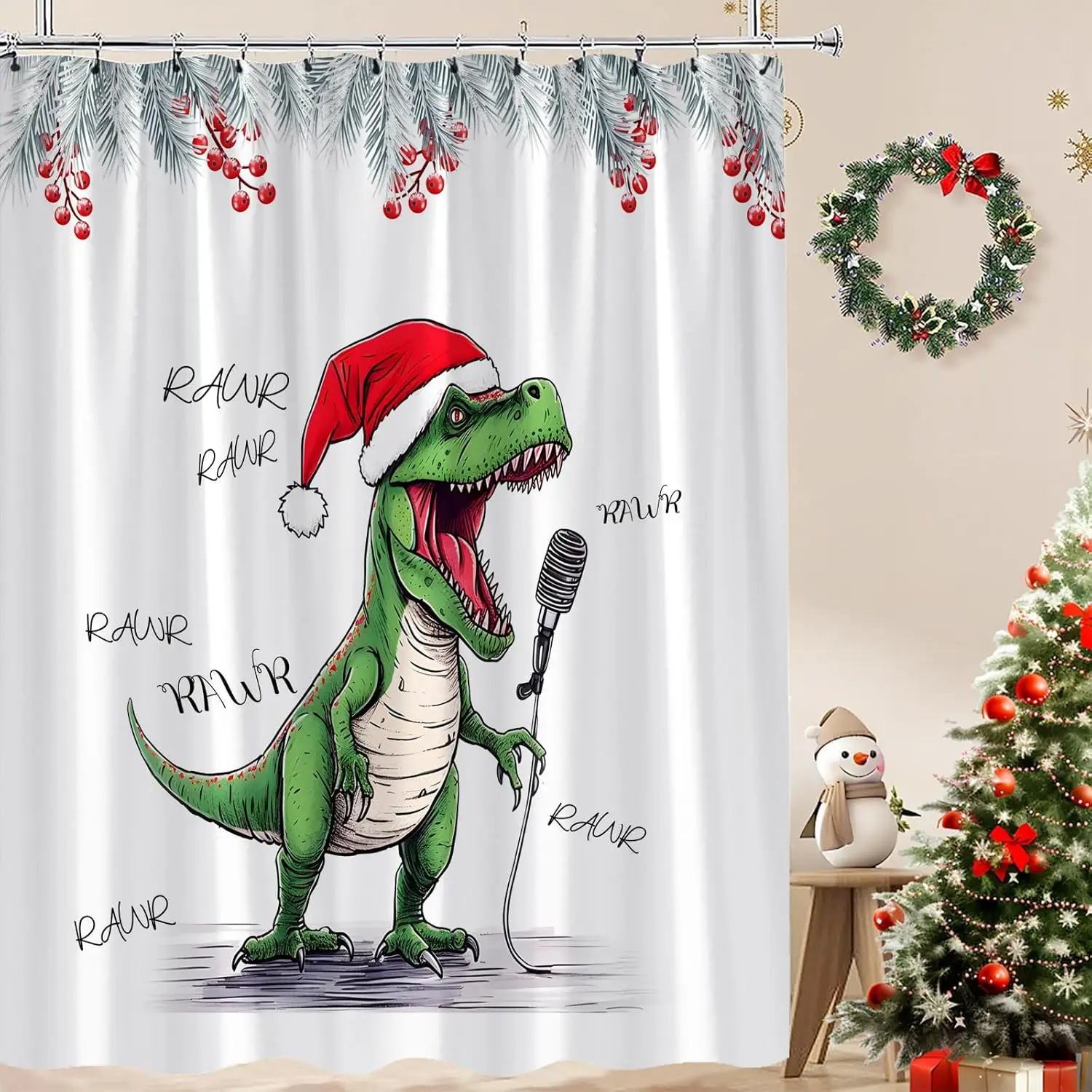 

Рождественская занавеска для душа, забавный динозавр, поющая шляпа Санта-Клауса, снежная сосна, листья, ягода, милый мультяшный динозавр, креативный зимний праздник