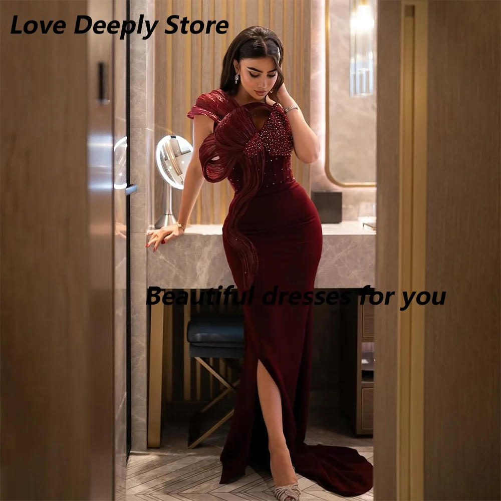 

Burgundy Prom Dress One Shoulder Beading Pleat Mermaid Prom Gowns for Women Floor Length Elegant Wedding Guest Dress Customized