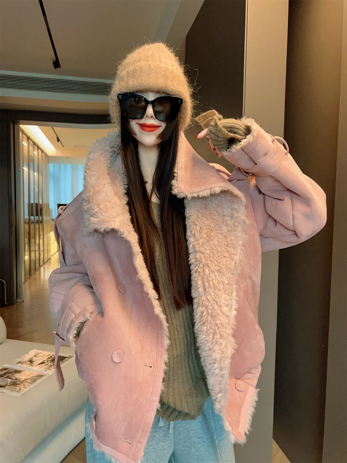 MRS AO Retro Thiened Fce damesleer en bont geïntegreerde warme top losse Sle faionable bovenkleding voor dames