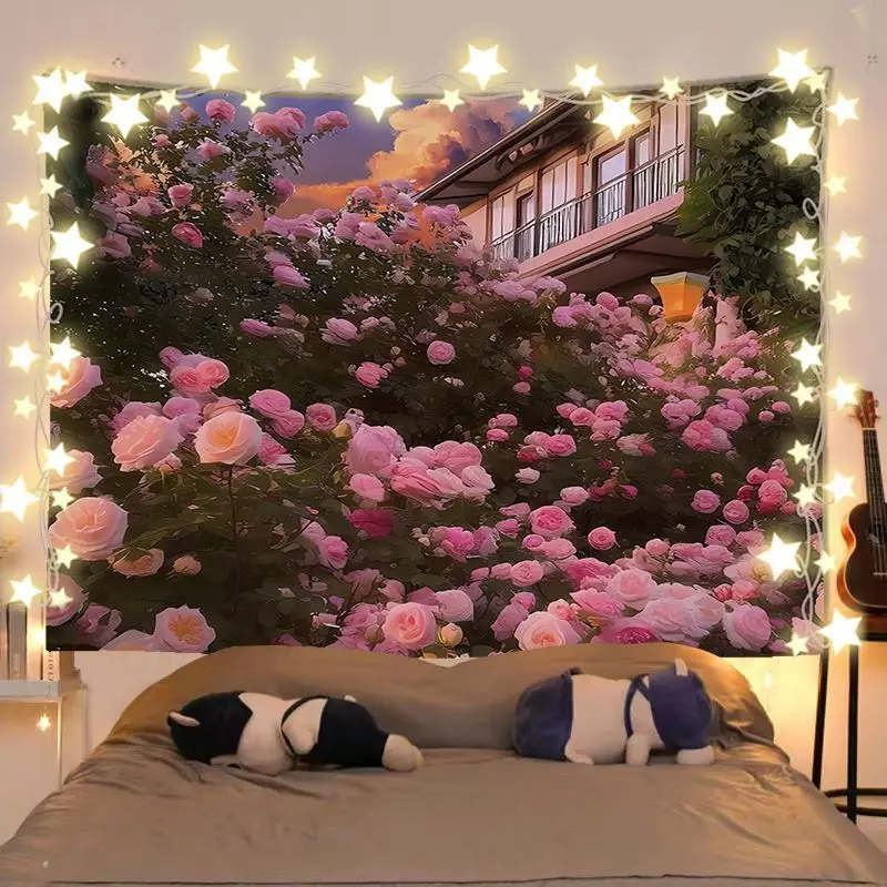 VIKAMA Sunset Golden Mountain Pink Rose Landscape Tapestry Healing Background Cloth Dormitory Decoration Tapestry Room Decor