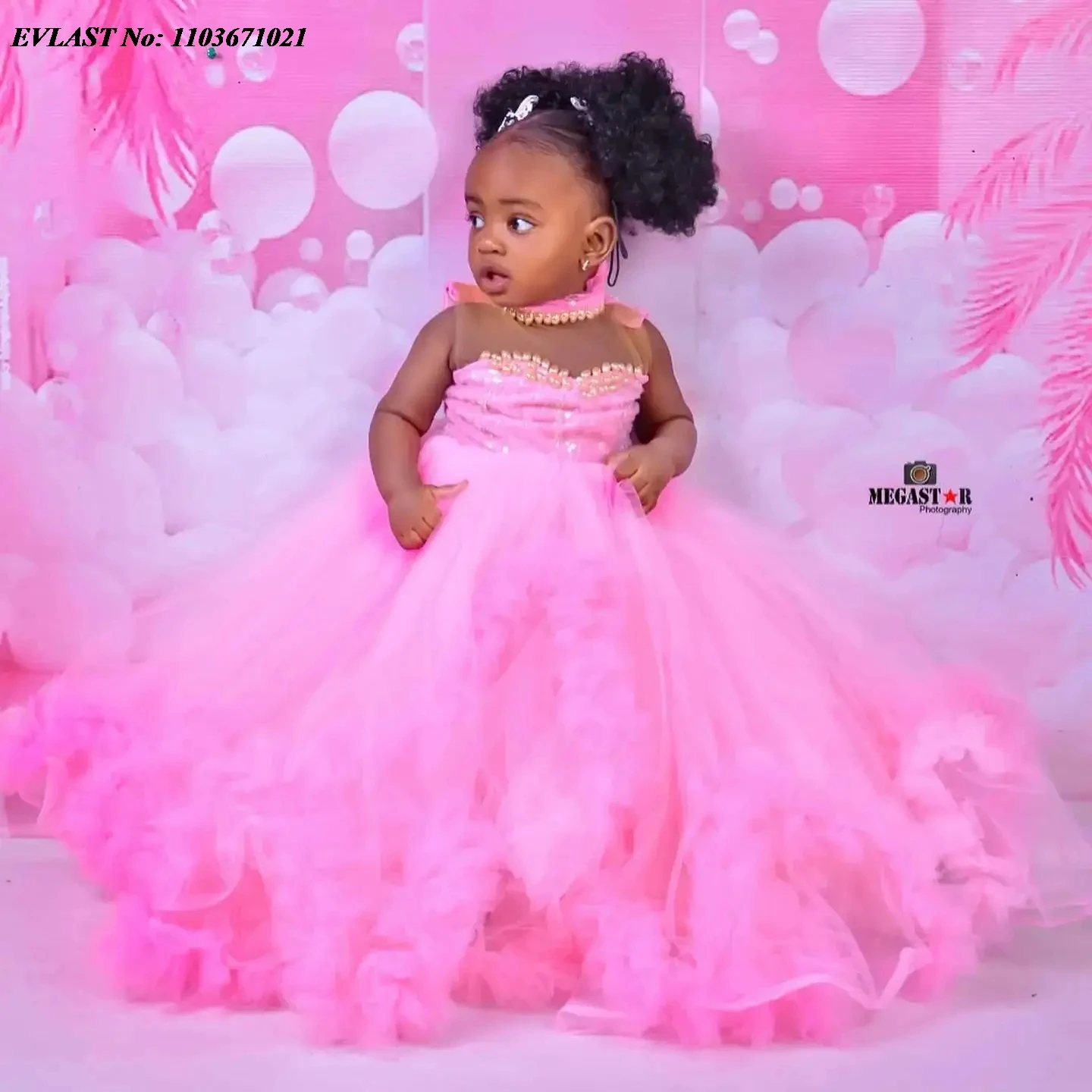 EVLAST Pink Pearls Flower Girl Dress For Weddings Ruffles Baby Ball Gown First Communion Dress Birthday PhotoShoot Gowns FD12