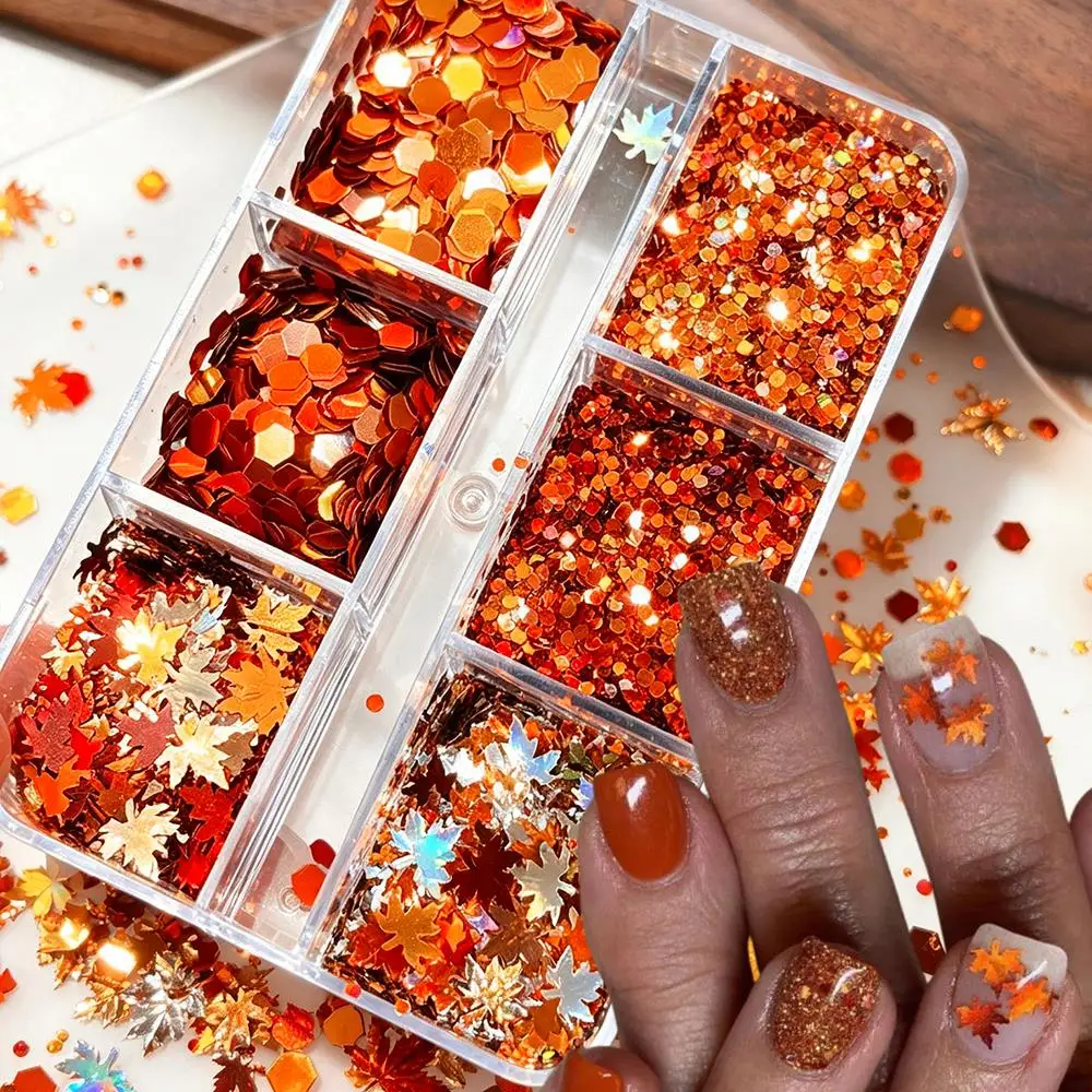 6Grids Autumn Maple Leaf Nail Glitter Sequins Laser Brown Orange Hexagon Leaves Nails Flakes Fall Paillettes Manicure Decoration