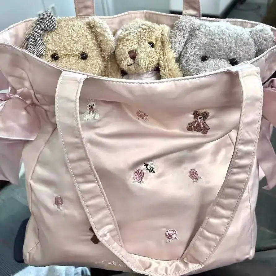 Bloom Haruku Pink Handbag Women Rabbit Bear Embroidery Large Capacity Shoulder Tote Bag Ladies Fairycore Y2k Bags Aesthetic