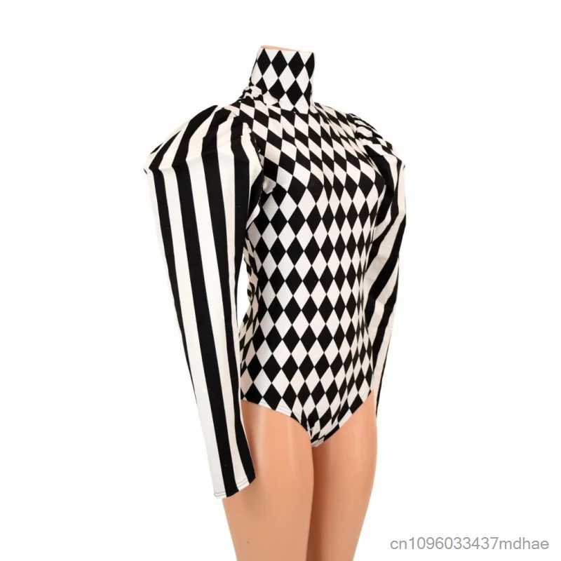 Circus Clown Cosplay Black White Rhombus Striped Puff Shoulder with Shoulder Pads For Club Party Punk Bodysuit Stage Performance view 3