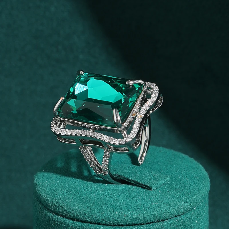 

Brand Vintage Rectangle Crystal Green Rings Retro Silver Color Women Jewelry For Mother's Day Elegant Quality Accessories Trends