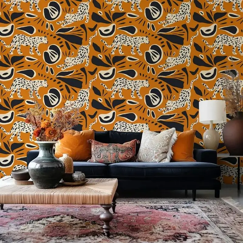 Leopard Print Abstract Wallpaper Peel and Stick, Orange and Black Animal Wall Mural For Home Decor, Self-adhesive Or Traditional