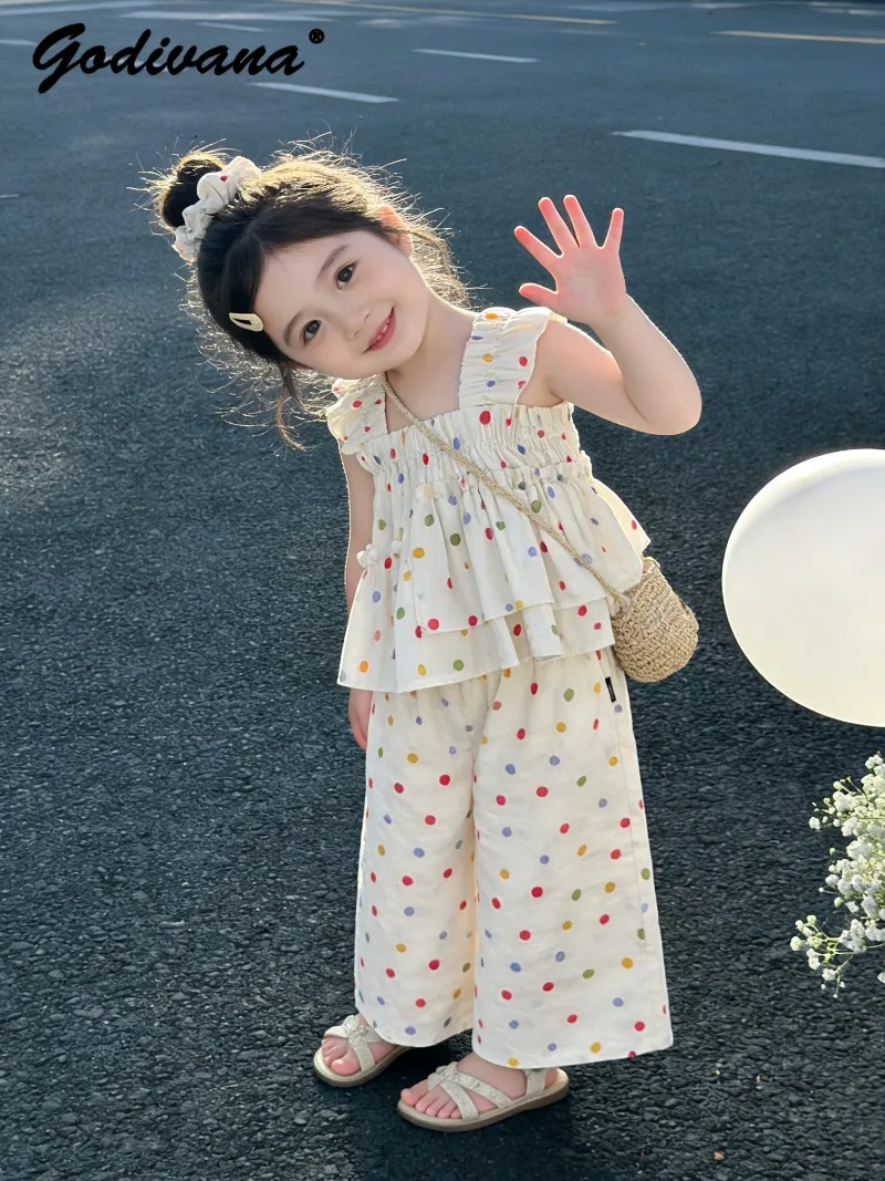 Cute Baby Girls Colorful Polka Dot Outfit Sets 2026 Spring and Summer Korean Style Sweet Kids Sets Camisole Top Wide-leg Pants