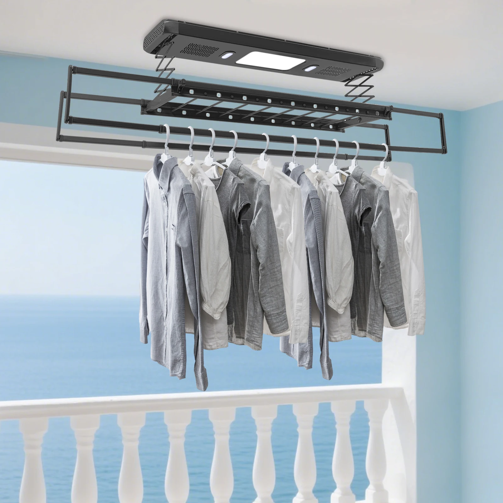 Stendibiancheria elettrico intelligente carico 35 kg, ascensore telecomandato con sterilizzazione UV e ventola silenziosa per balcone bagno