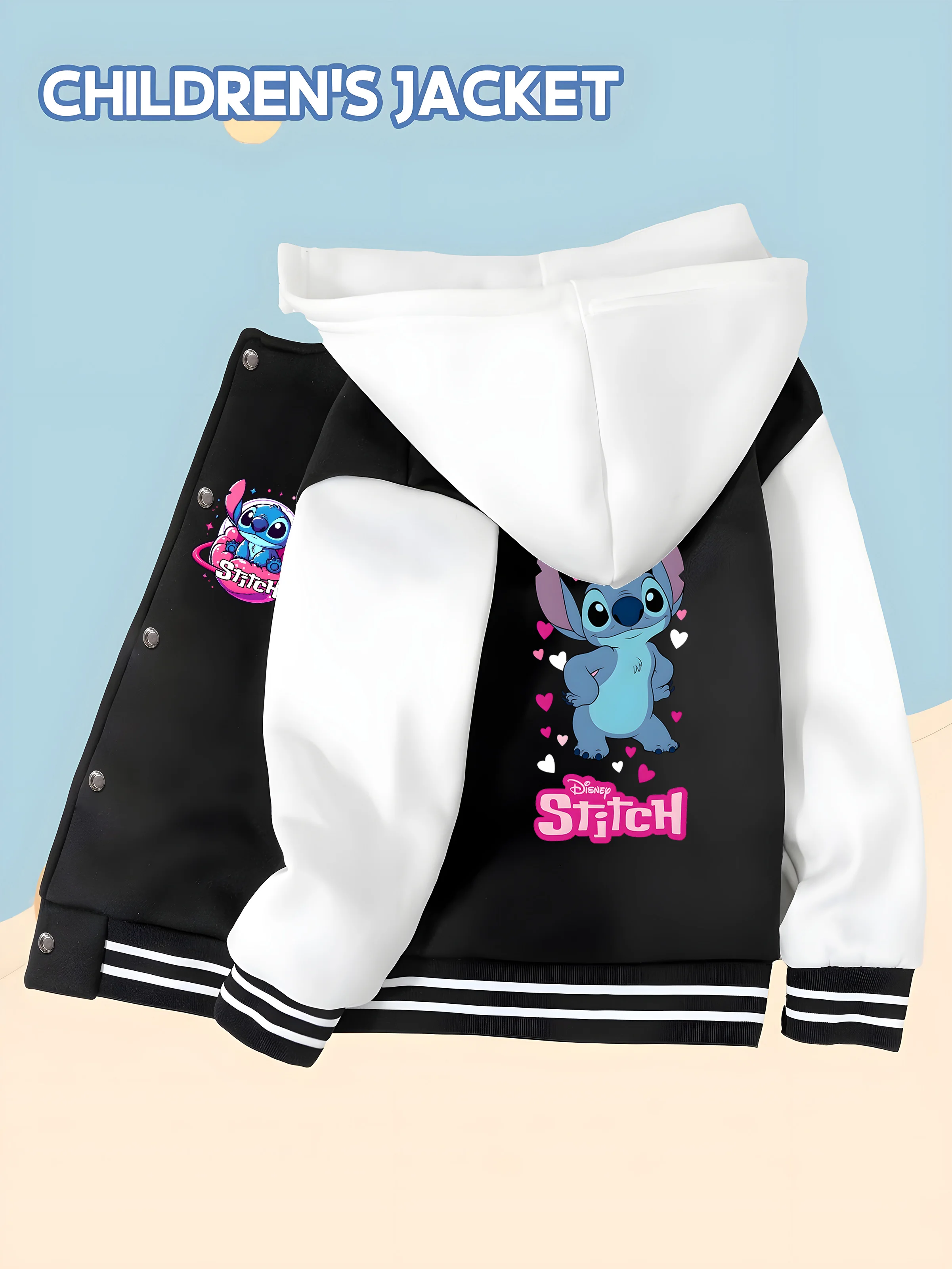 

MINISO Disney Boys' Baseball Jacket - Stitch Universe Print, Dreamy Pink and Purple Colors, Perfect for Family Gatherings