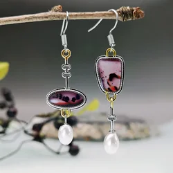 New Creative Asymmetric Pink Stone Long Earrings Boho Lovely Geometric Oval Opal Resin Pearl Dangle Earrings for Women