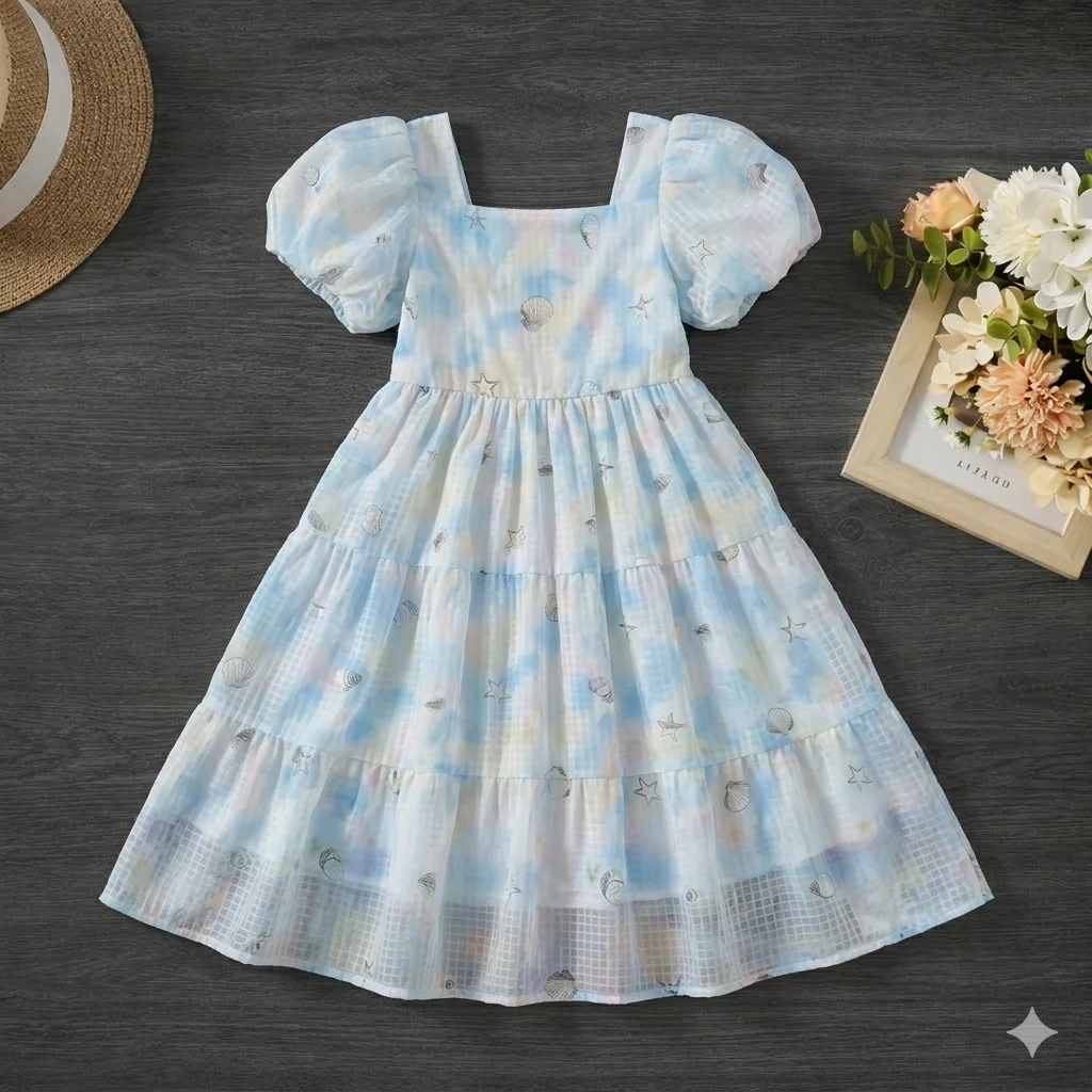 

Платья для девочек, шифоновое платье принцессы с пышными рукавами и квадратным вырезом, с принтом морских ракушек, летнее праздничное платье на день рождения для девочек 6, 10, 12 лет