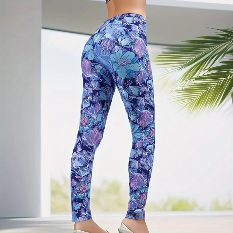 PD319 Blue Petal Flower Leggings Outdoor Sports Cropped Stretch Pants