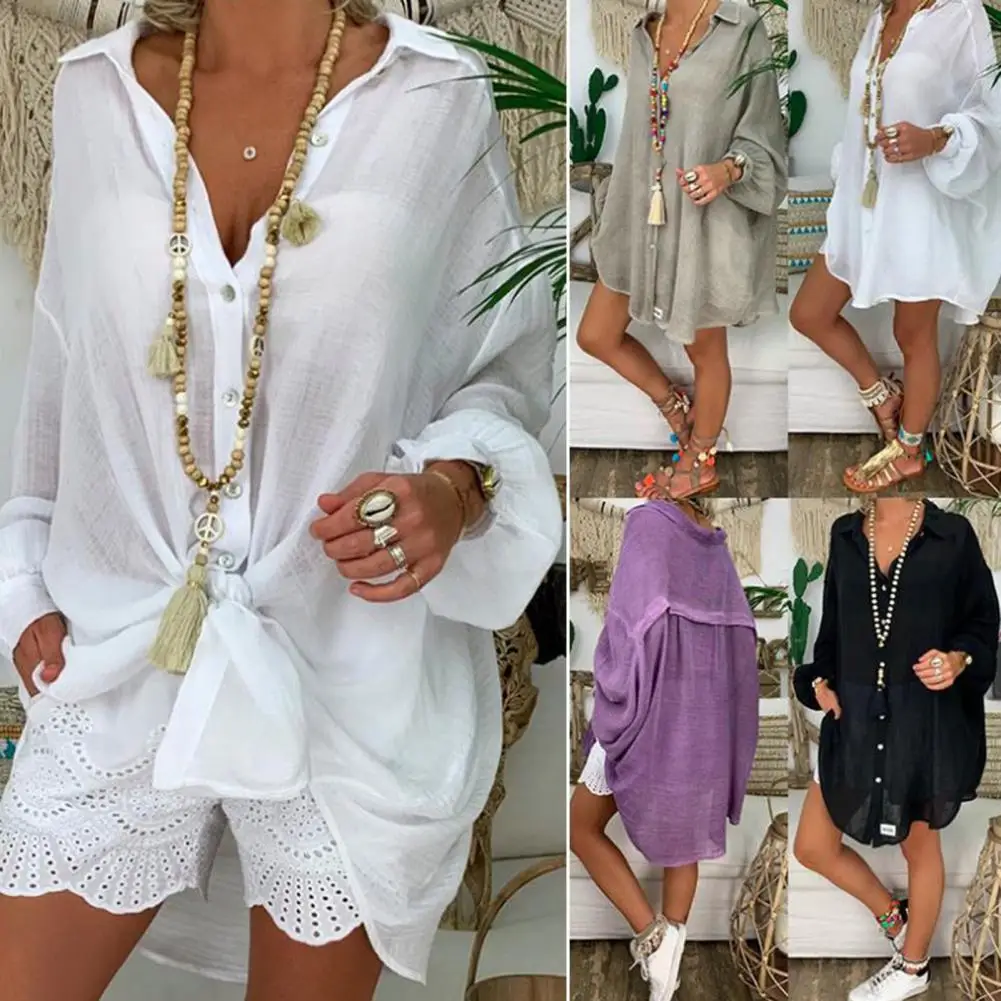 بلوزة نسائية قابلة للتنفس، قميص نسائي كاجوال بأكمام طويلة وطية صدر السترة بلون سادة، فضفاض مناسب متوسط الطول للارتداء اليومي فردي