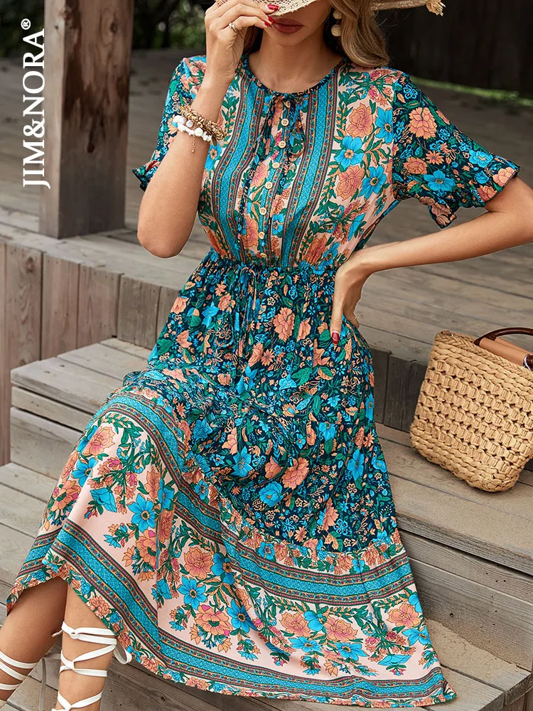 

JIM & NORA Bohemian Casual Midi Dress Holiday Wear Women Short Sleeve Round Neck Boho Style A-Line Dresses Vintage