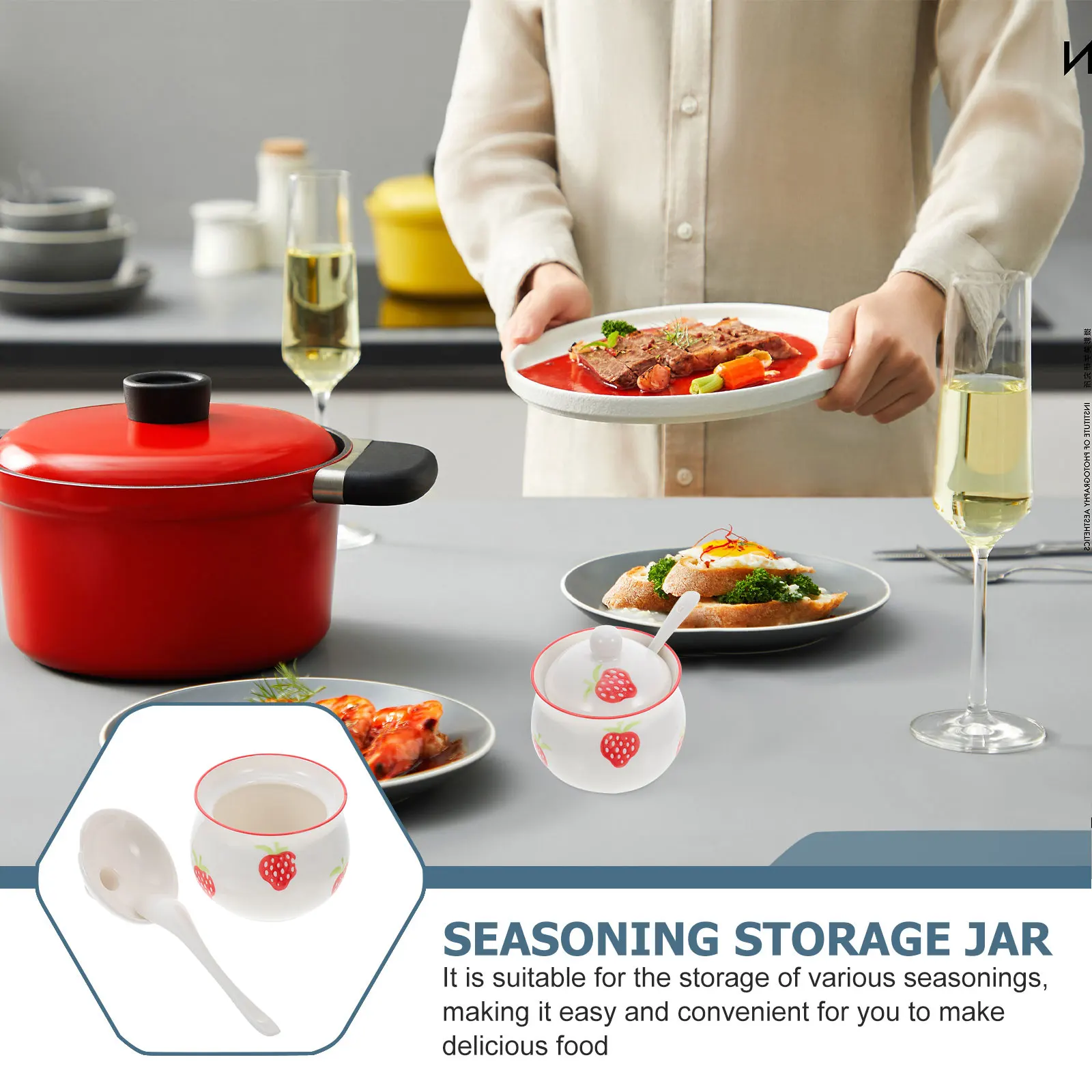 

1Set Strawberry Pattern Spice Jar Ceramic Seasoning Storage Pot Kitchen Pepper Container Condiment Holder with Lid for Home