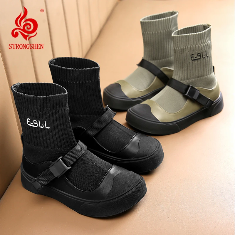 

STRONGSHEN Winter Korean Sock Boot for Girls Sock Button Short Ankle Boots Fashion Kids Casual Slip-on Wrap Toe Shoes Femininas