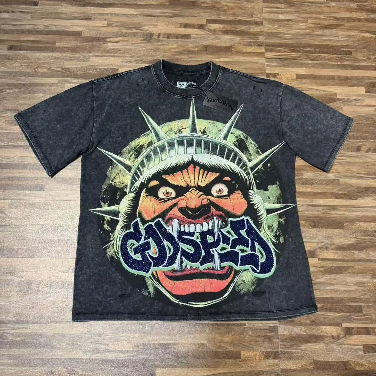 Godspeed Trendy Streetwear Cotton T-Shirt Short Sleeve Vintage Washed Cartoon Print Hole Drill High Street Loose Fit round Neck