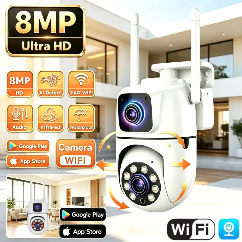 8MP Dual Lens WiFi Surveillance Camera 4K Wireless Security IP Camera Two-Way Audio Color Night Vision Surveillance Protection