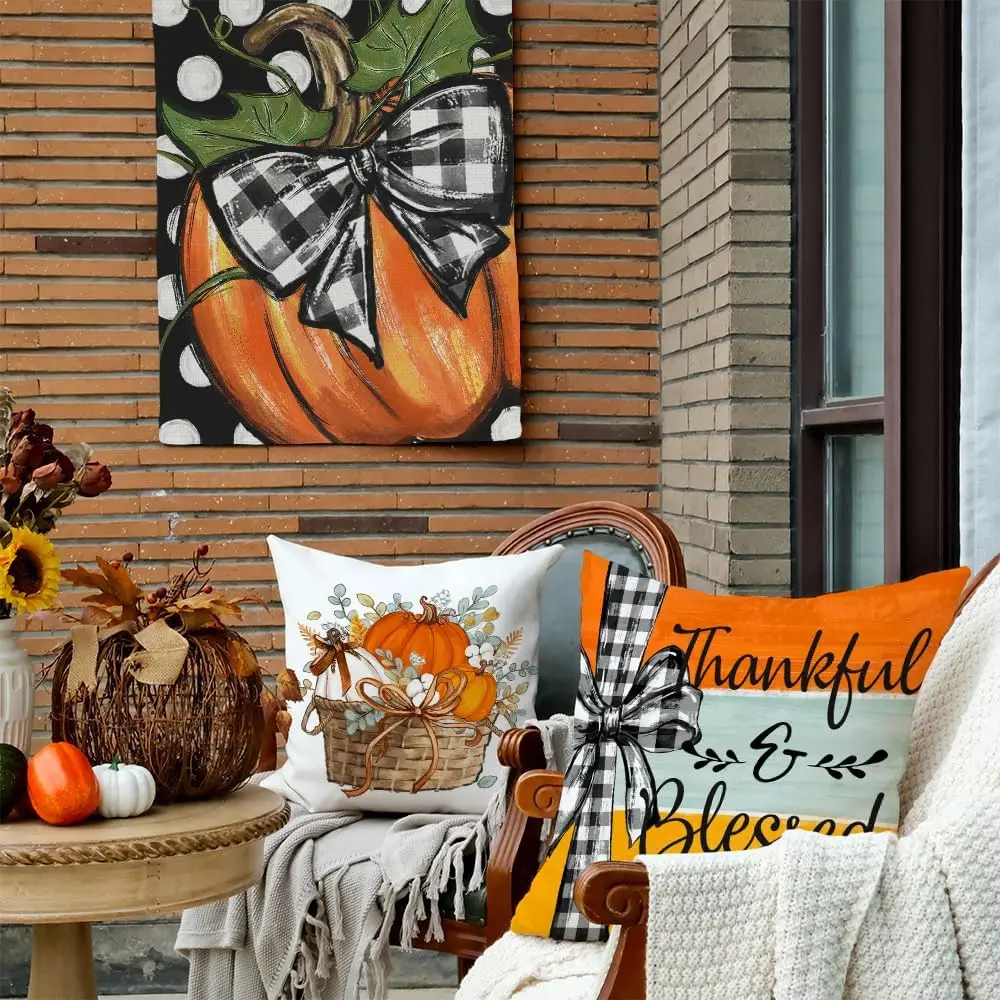 Juego de fundas de almohada de otoño, 4 calabazas, eucalipto, bendiga esta casa, decoración de granja de otoño, fundas de