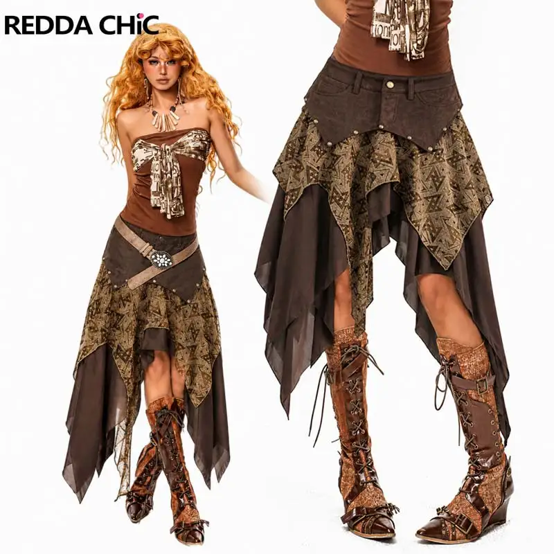REDDACHiC Vintage Patchwork Women Ruffle Irregular Skirt Steampunk Brown Suede Leather Stud A-line Long Dress Hippie Streetwear