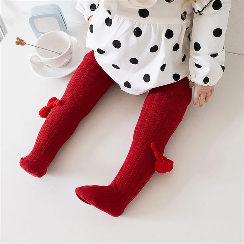 Baby Girl Ribbed Knit Tights Cute Pantyhose with Poms Stockings Stretch Leggings Slim Fit Socks for for Casual Daily 0-24Months