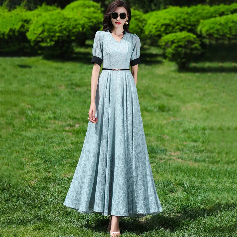

New Women Summer Chiffon Long Dress Fashion Patchwork V-Neck Short Sleeve Overlength Dress Elegant Slim Jacquard Dress