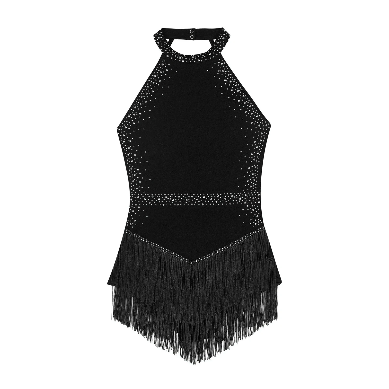 Damen Latin Dance Trikot Eiskunstlauf Tango Samba Cha-Cha Performance Kostüm glänzende Strass ärmellose Quaste Bodysuit