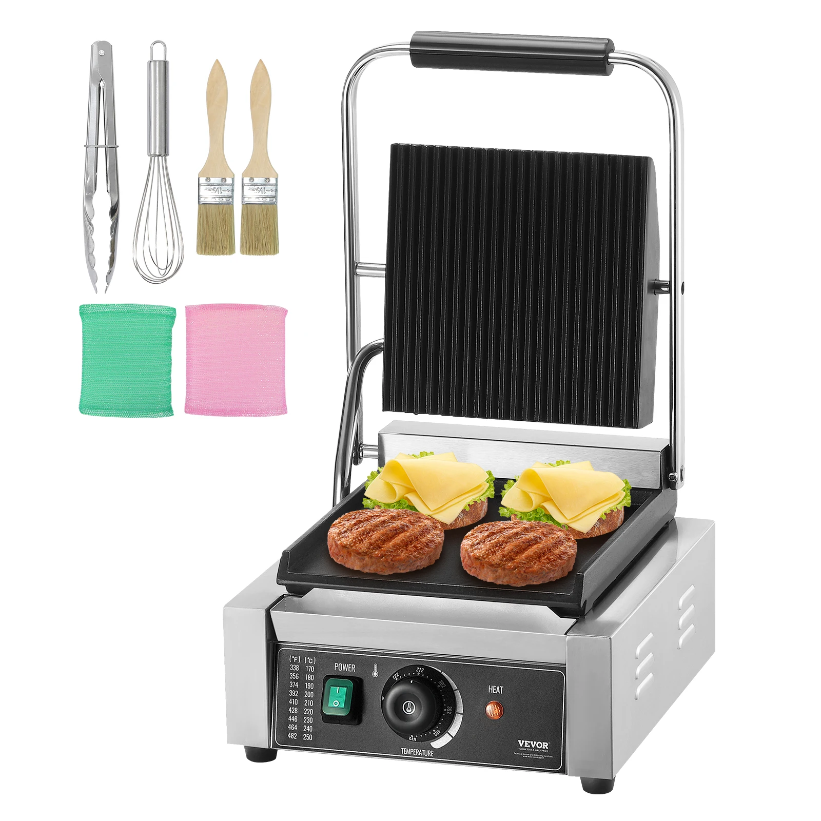 VEVOR 12In Commercial Panini Grill, Electric Sandwich Panini Maker, Stainless Steel Sandwich Press Grill, with Temp Control